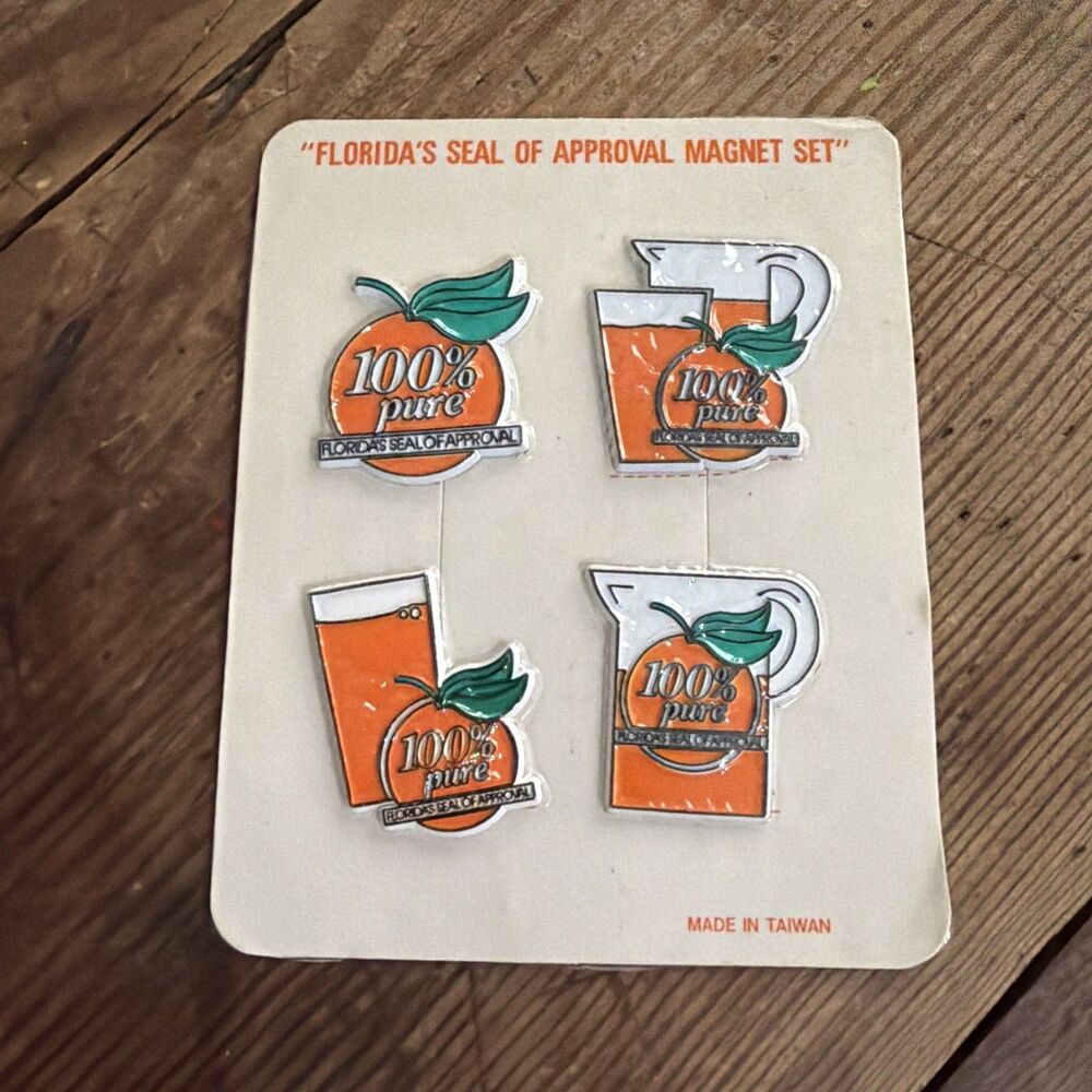 VINTAGE FRIDGE MAGNETS 100% PURE FLORIDA ORANGE JUICE NEW With Packaging